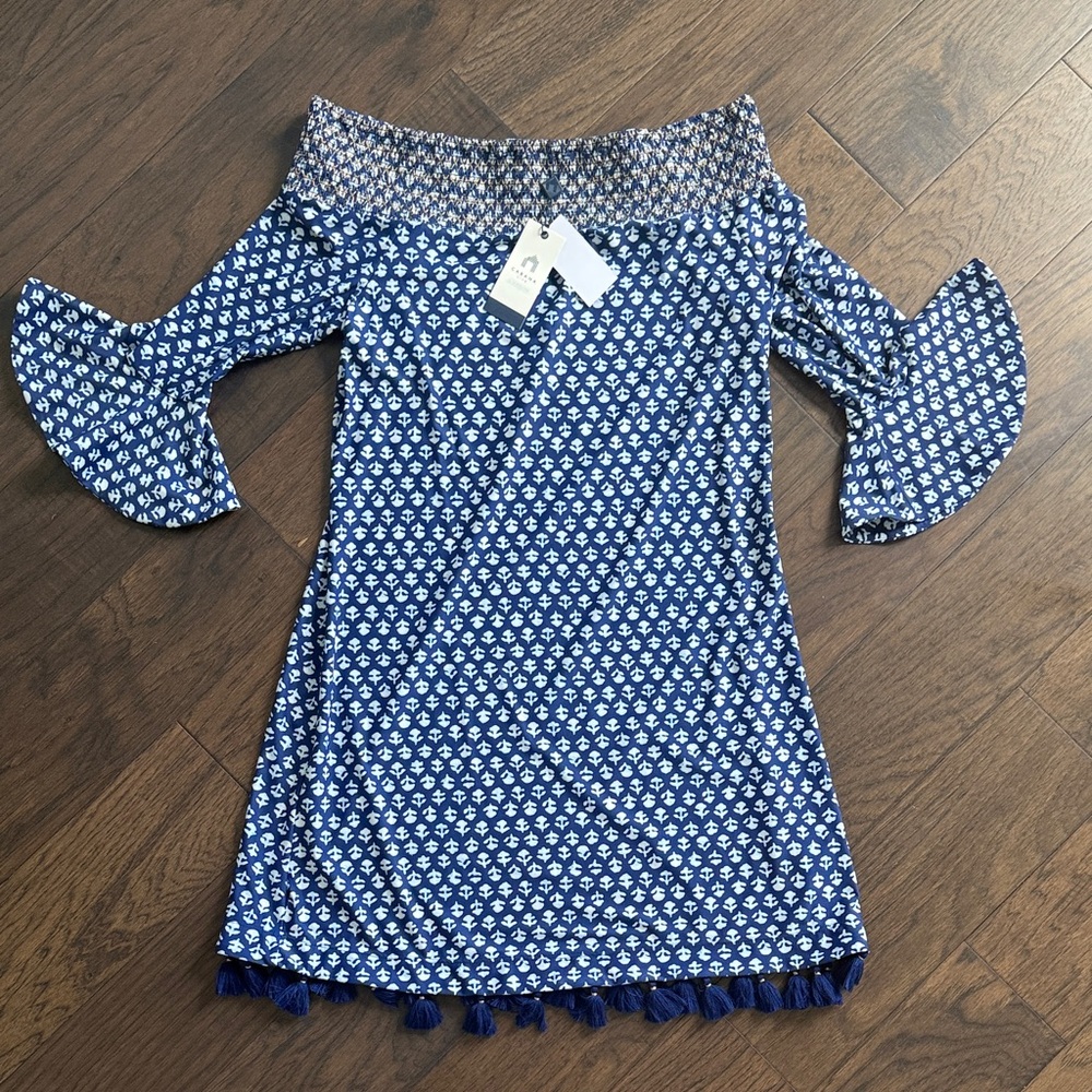 Cabana Life Navy and White Tassel Mini Dress - Sz Small - NWT